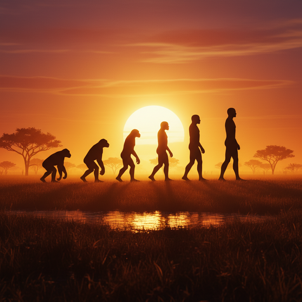 Cinematic digital art of a silhouette of human evolution stages walking across a golden Savannah sunset, starting from a primate and ending with a modern human, minimal and majestic style.