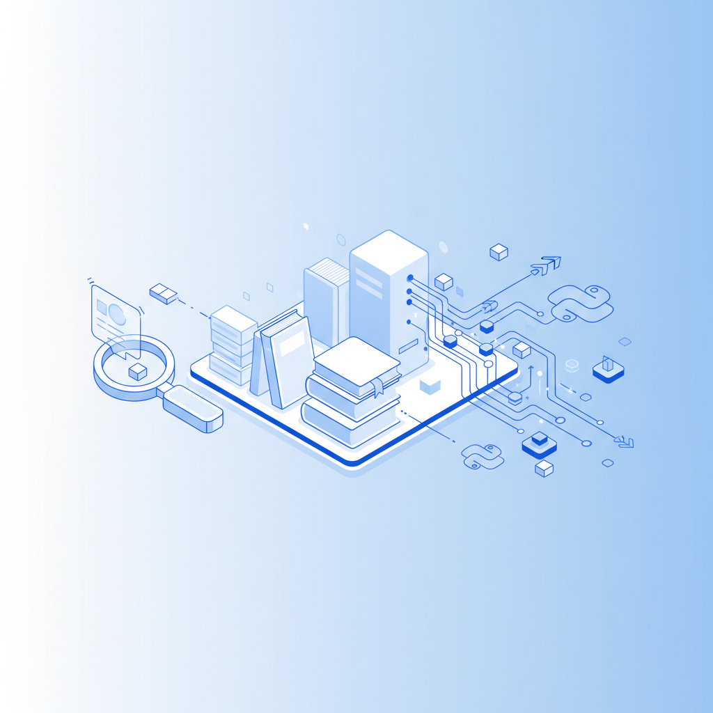 A modern, minimal illustration of a digital library being analyzed by python code, data extraction concept, blue and white color scheme, high quality, 4k