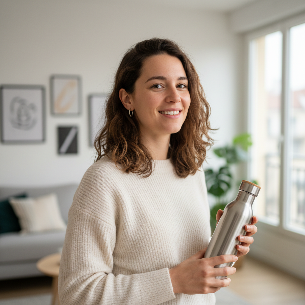 Portrait of a 29 year old french urban woman, smiling, natural look, holding a reusable water bottle, modern apartment background, soft natural lighting.