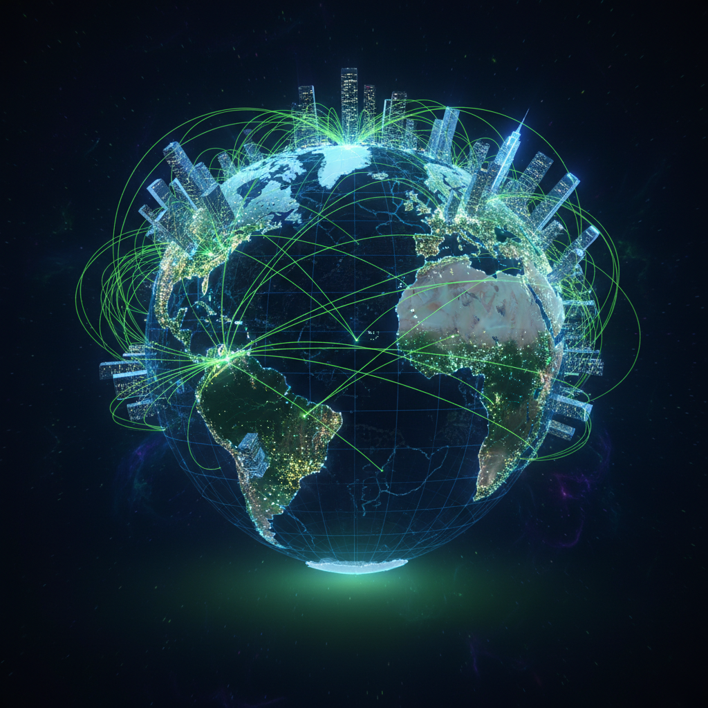 A globe connecting various cities with glowing green digital lines representing foreign direct investment and environmental standards, dark background, futuristic style