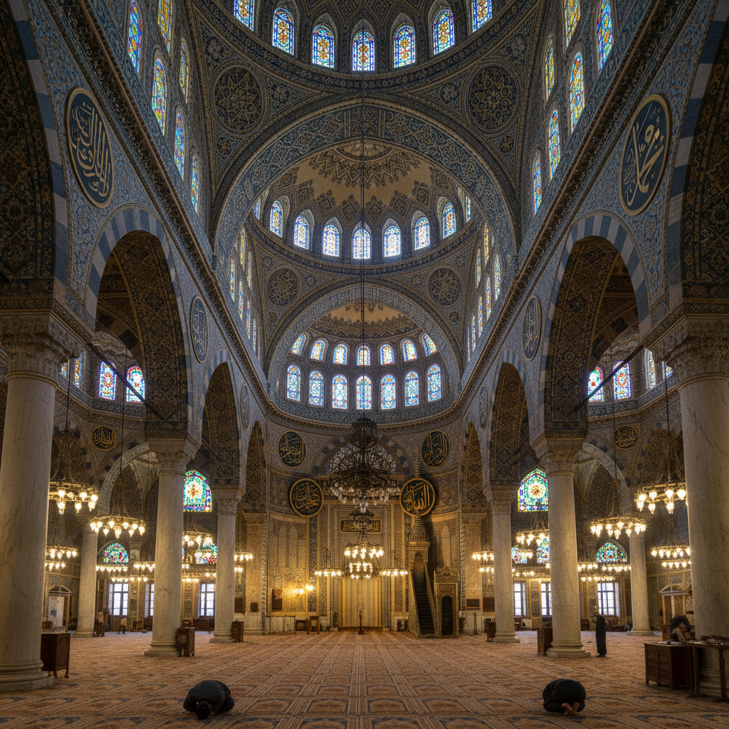 Interior view of a magnificent grand mosque with high arches, intricate Islamic calligraphy on walls, soft warm lighting illuminating the prayer hall, peaceful and spiritual, realistic photography style