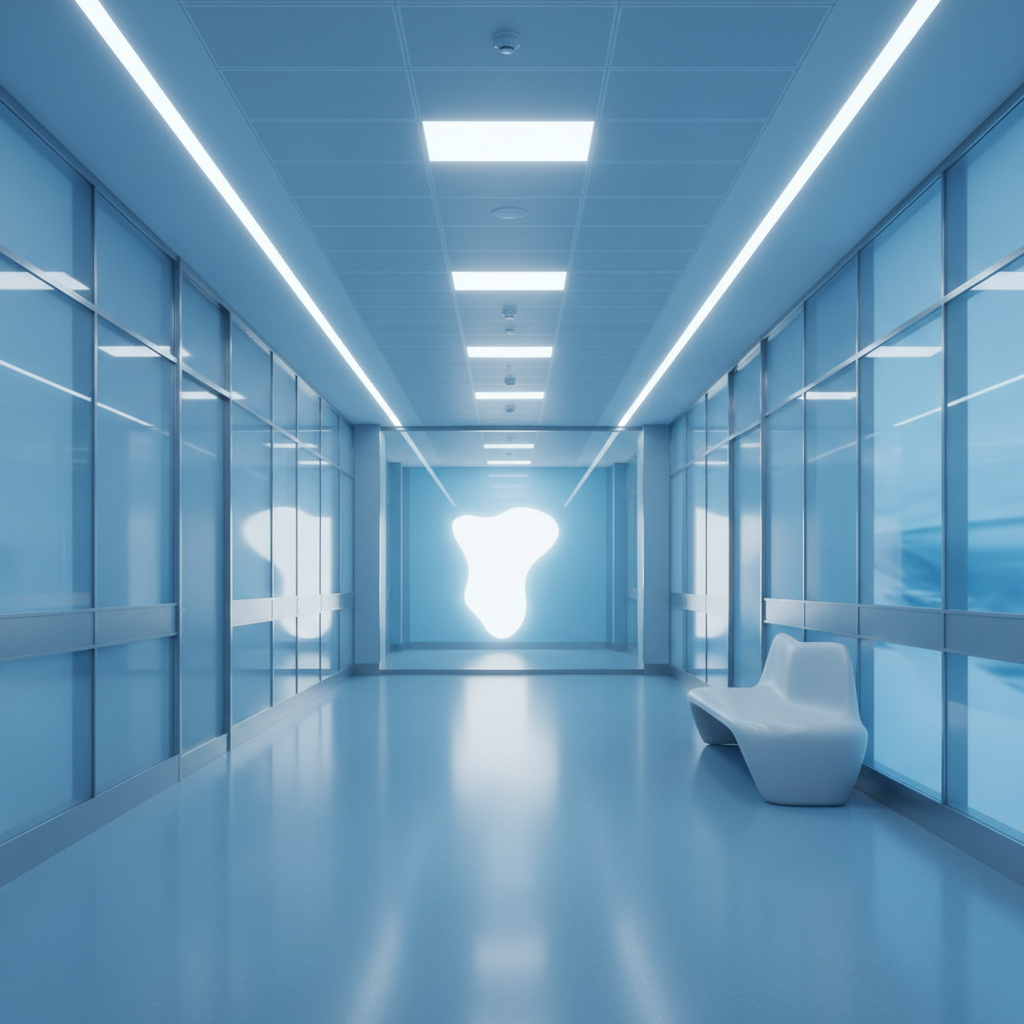 wide shot of a modern, clean hospital corridor leading to a bright light, symbolizing clarity in healthcare processes, high resolution, soothing blue tones