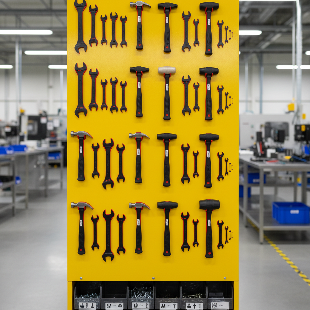 Industrial shadow board tool wall, yellow background with black silhouettes of wrenches and hammers, highly organized factory workspace 5S methodology