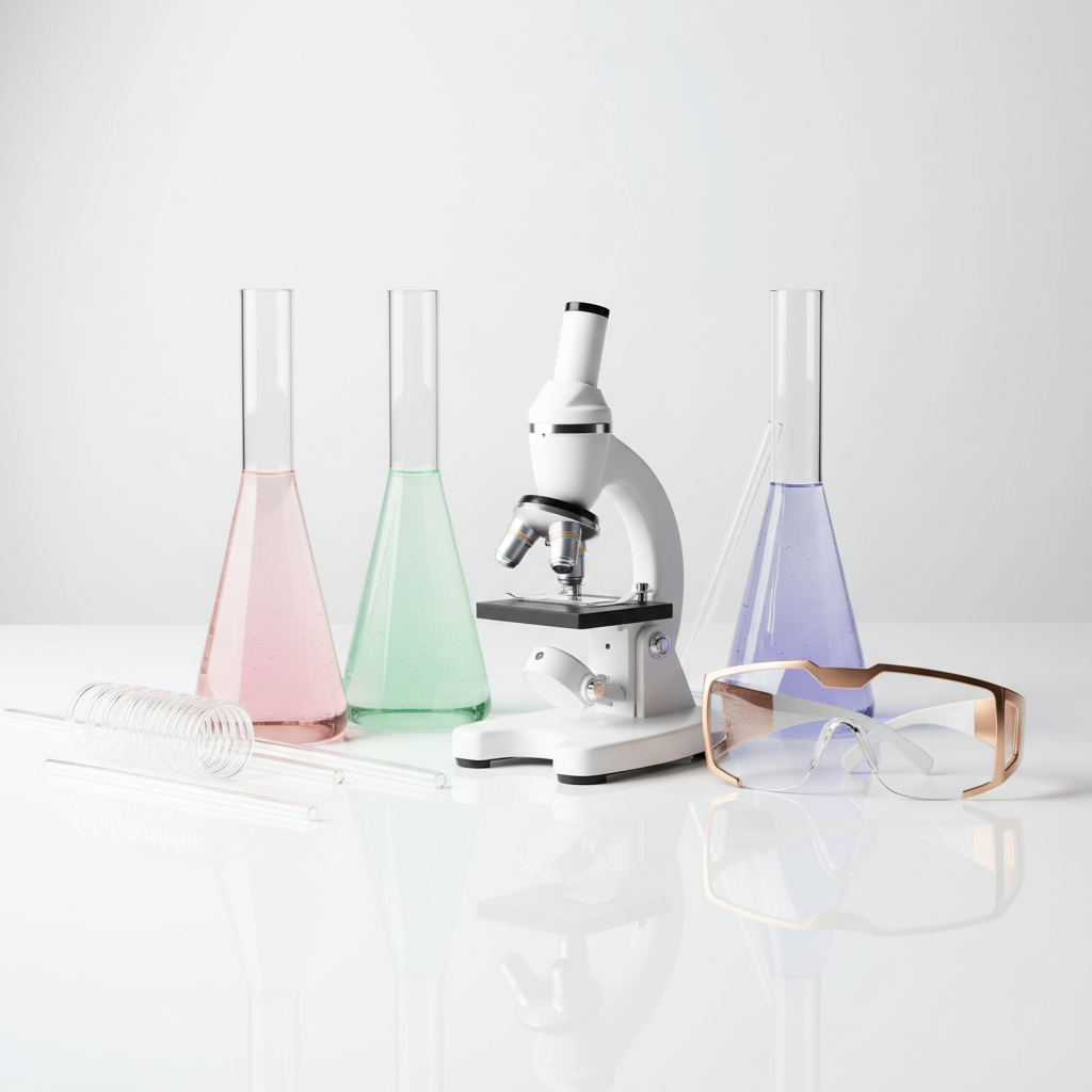 High-fashion editorial shot of a science concept: Sleek glass beakers with pastel liquids, a modern white microscope, and designer safety glasses on a clean surface. Laboratory chic, Vogue science style.