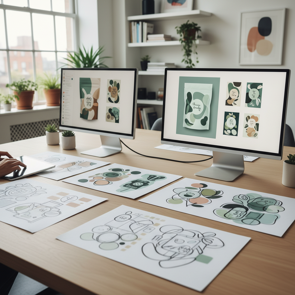 Modern creative packaging design studio, sketches of food labels, clean minimal aesthetic, computer screens with designs