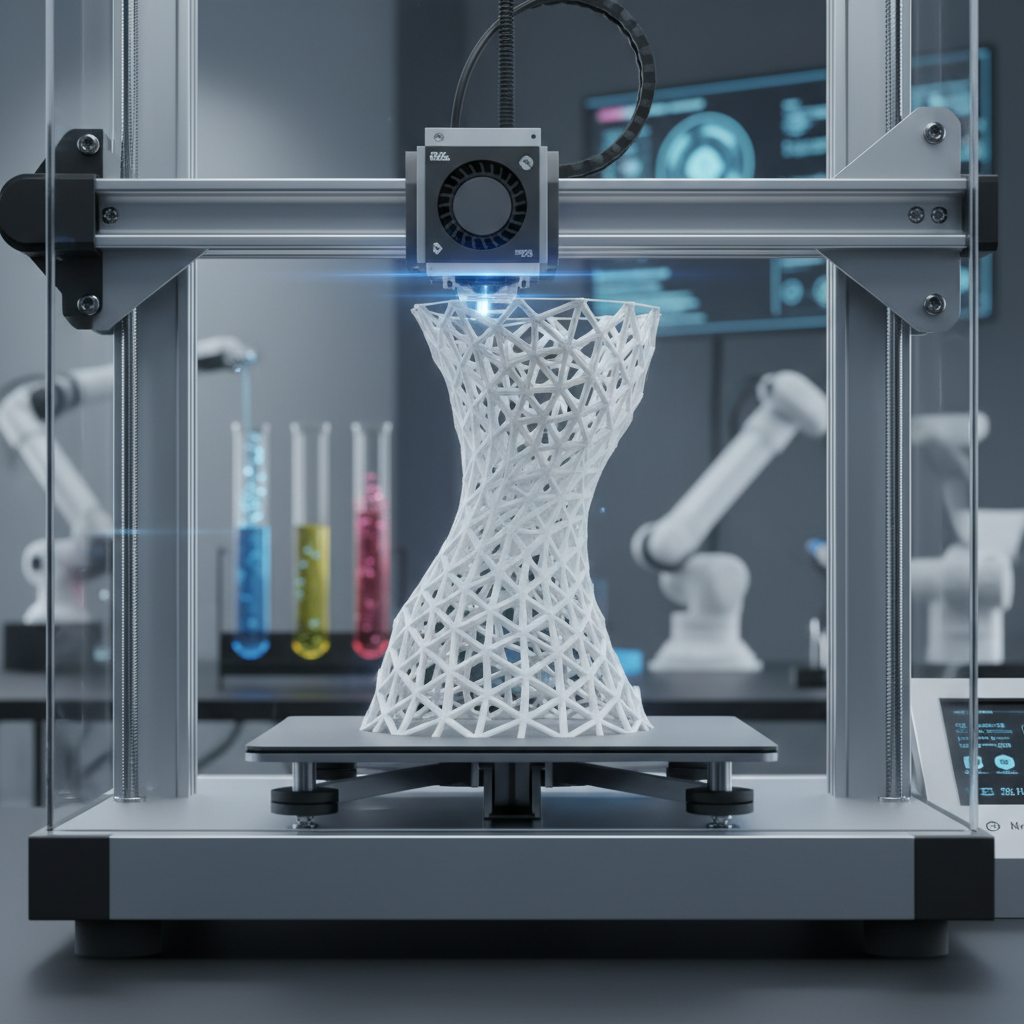 A modern 3D printer creating a complex geometric white model, depth of field, high tech laboratory background