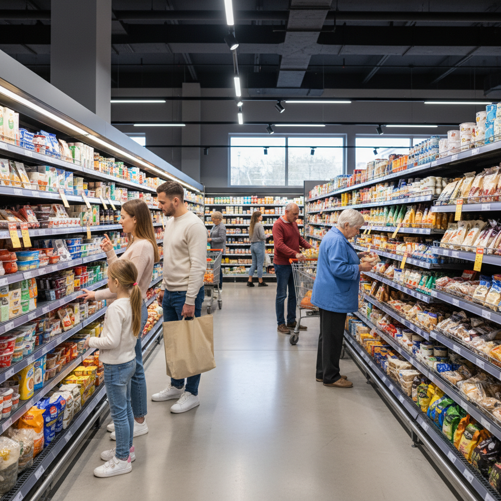 Diverse grocery shoppers in Lithuania, european families, realistic retail photography