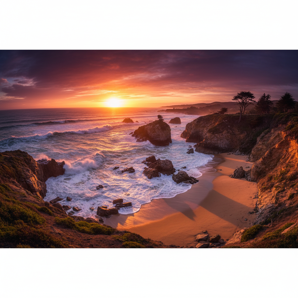 Dramatic ultra-wide shot of a beautiful coastline at sunset with water rising unusually high, cinematic lighting, photorealistic