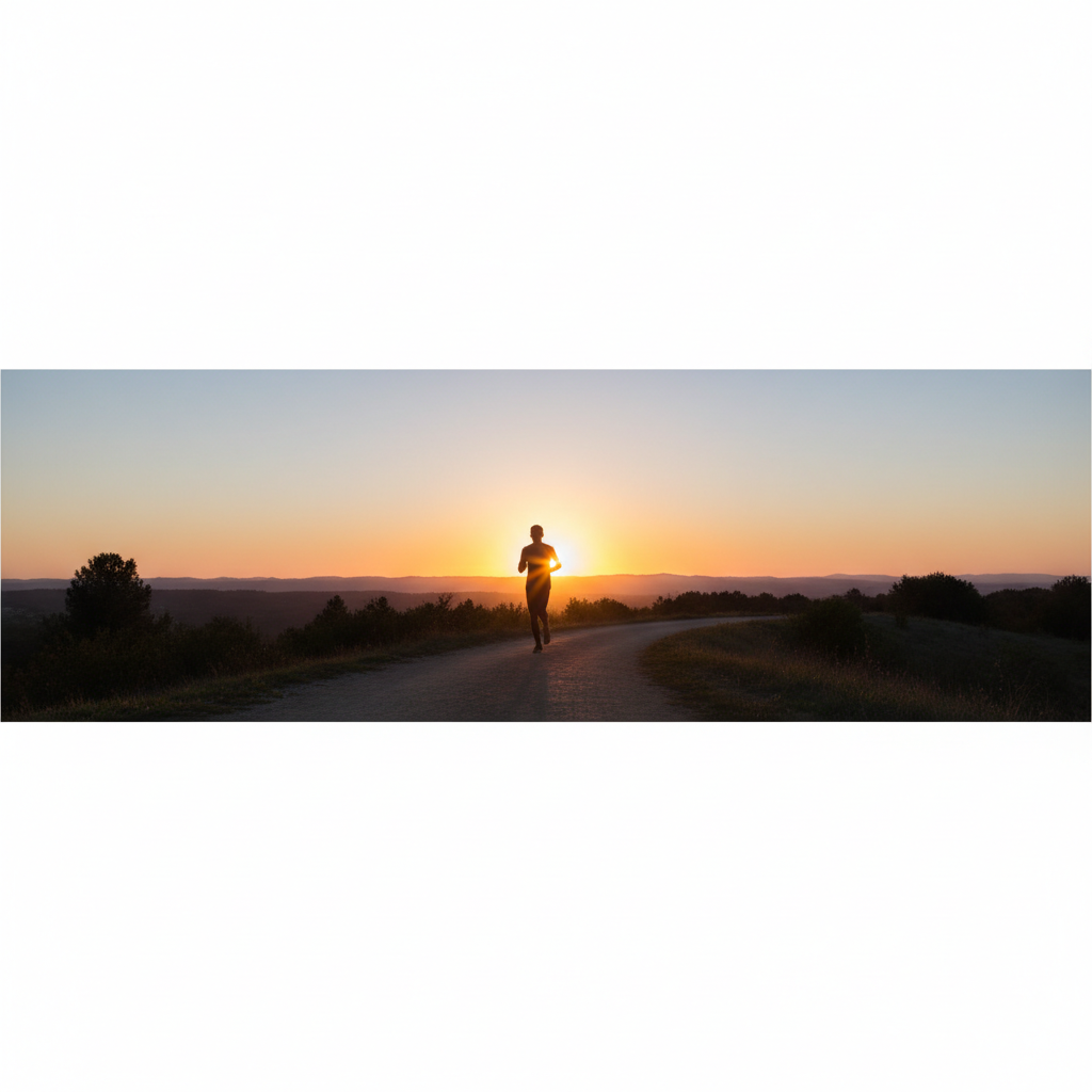 Silhouetted runner running on a trail with a clean nature background, sunrise