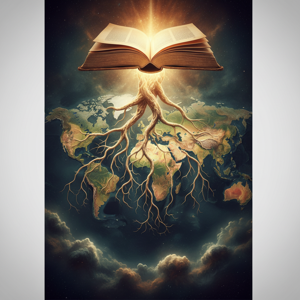 Conceptual art of a book glowing with light, roots extending into a map of the world, representing global literary influence