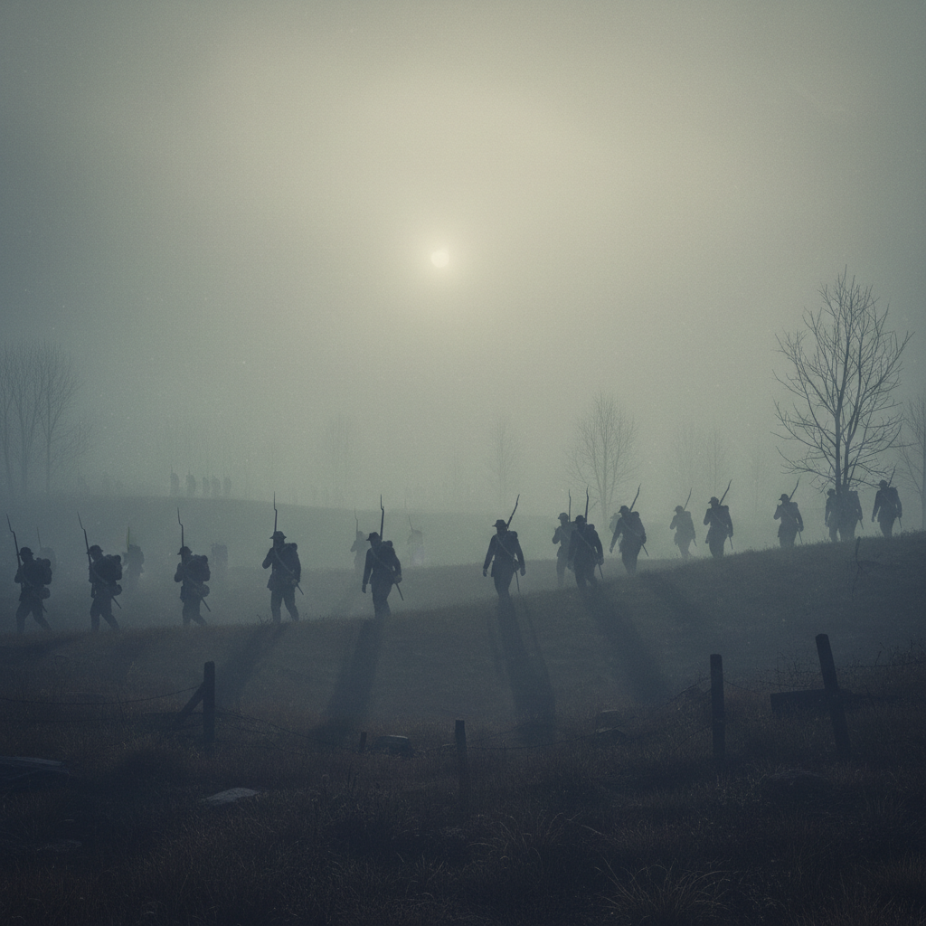 Silhouette of soldiers in a field, foggy landscape, historical war artistic representation, no graphic violence