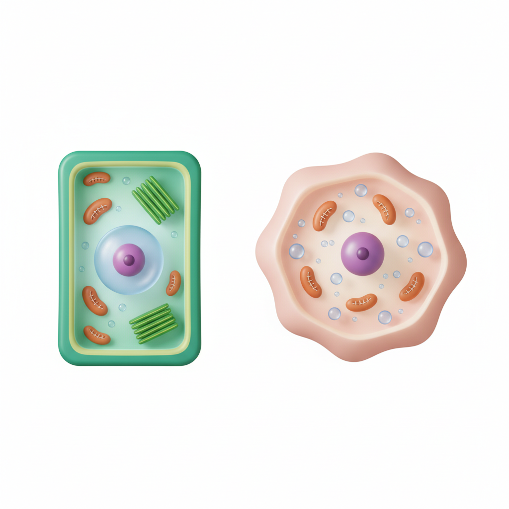 Detailed 3D educational illustration comparing a rectangular green plant cell vs a round animal cell, showing nucleus, mitochondria, vacuoles, clean white background.