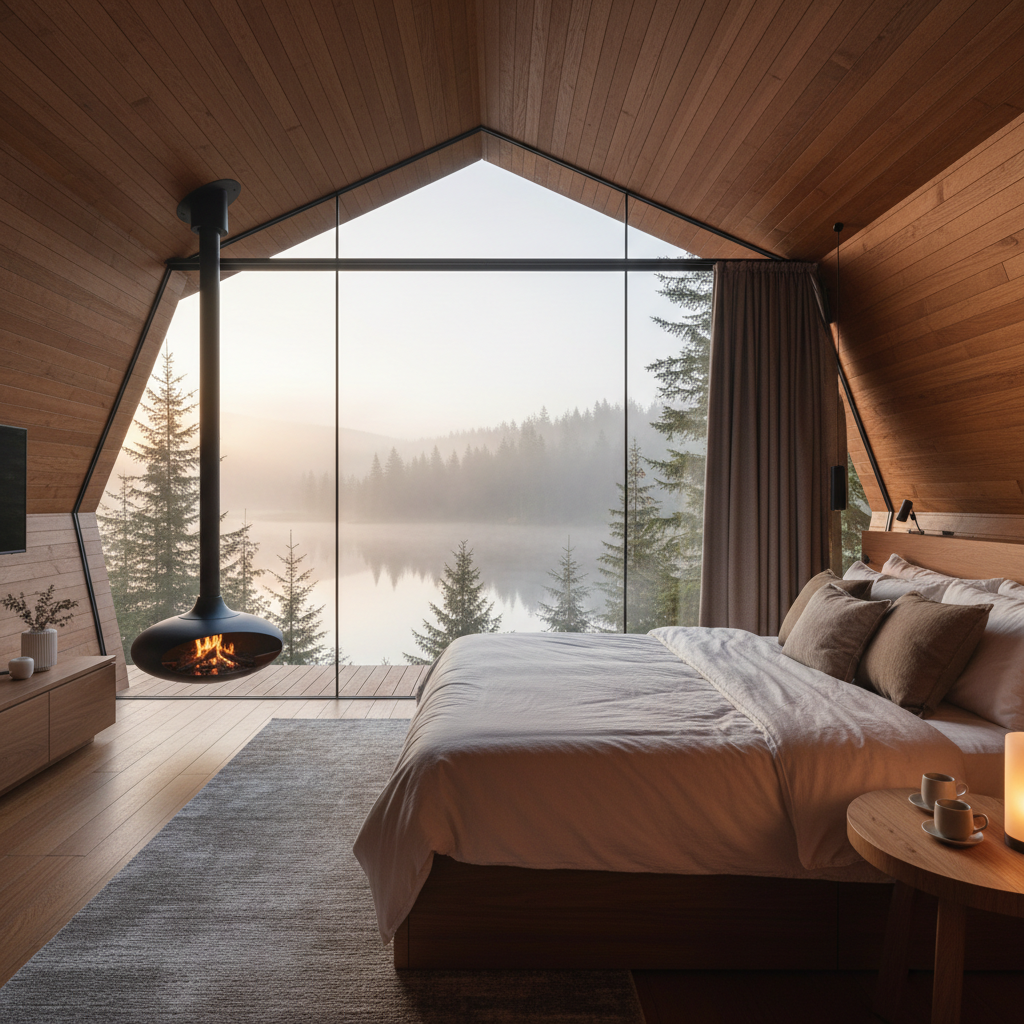 Interior view of a high-end luxury glamping pod, looking out through large floor-to-ceiling glass wall at a serene misty lake and forest at dawn. Modern warm interior design with wood accents, comfy plush bed, soft lighting. Architectural digest style, photorealistic 8k.