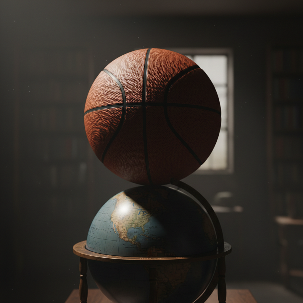 Basketball sitting on a globe, dramatic lighting, serious tone