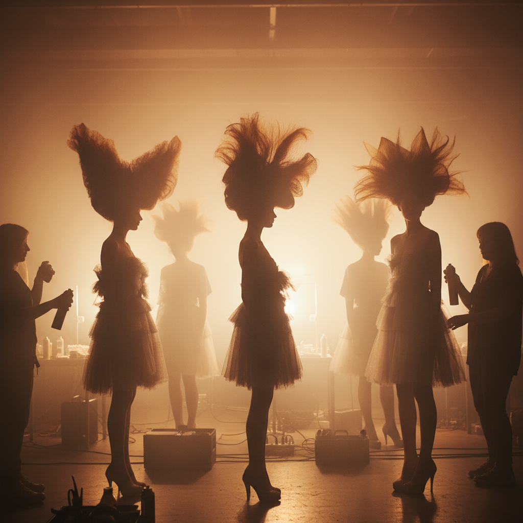 Backstage of a hair fashion show, silhouettes of models with crazy hair, misty atmosphere, warm lighting