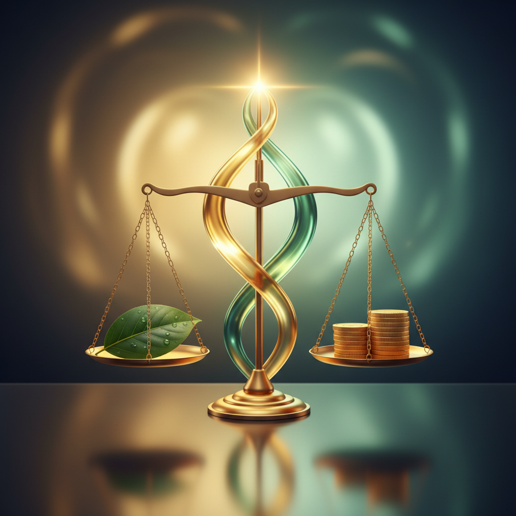 Abstract representation of sustainability and finance merging, golden scales balancing a green leaf and a coin, high quality, photorealistic, cinematic lighting, 8k
