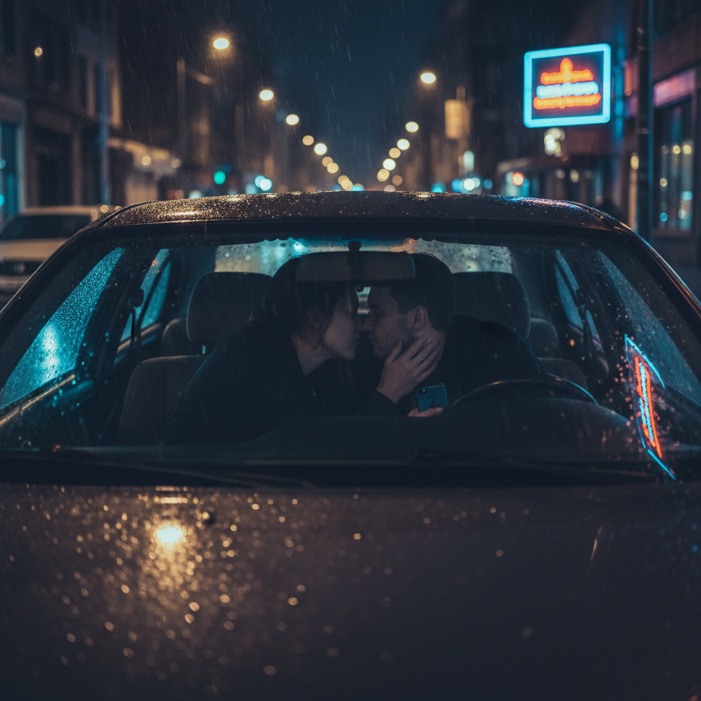 Two silhouettes in a parked car at night, pretending to be a couple, seen from the outside street, tense atmosphere