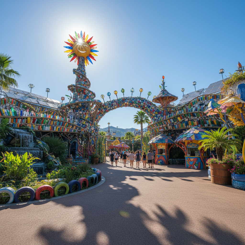 A vibrant, imaginative theme park entrance built entirely from colorful recycled materials and eco-friendly structures, bright blue sky, sunny day, cinematic lighting, 8k resolution, photorealistic