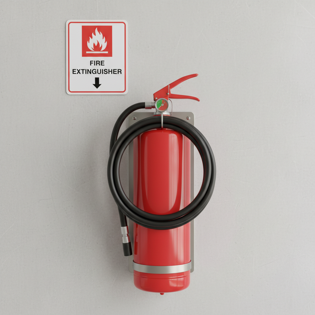 red fire extinguisher on a wall bracket with safety signage