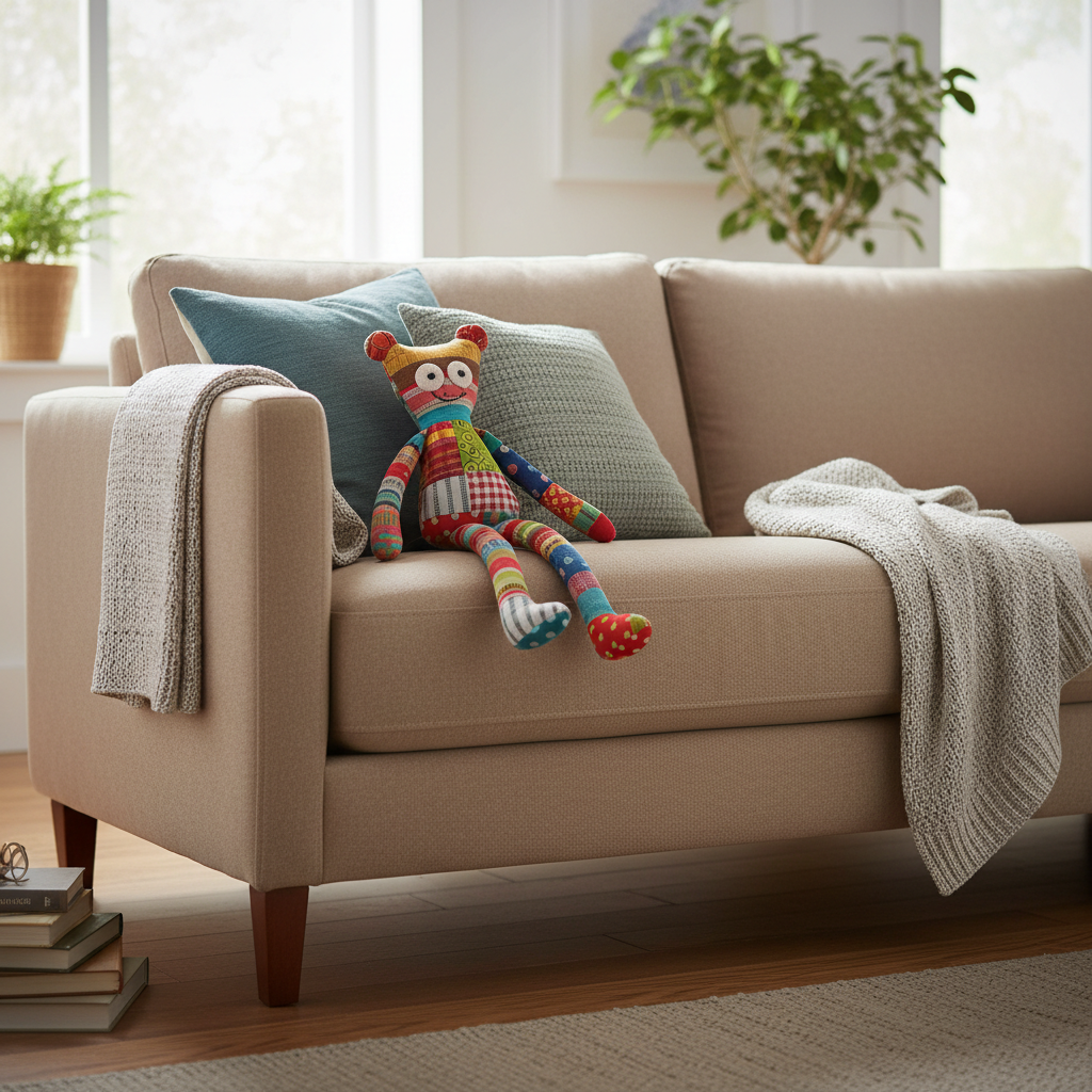 A comfortable sofa with a colorful toy placed on the seat cushion, floor perspective looking up slightly, soft natural indoor lighting
