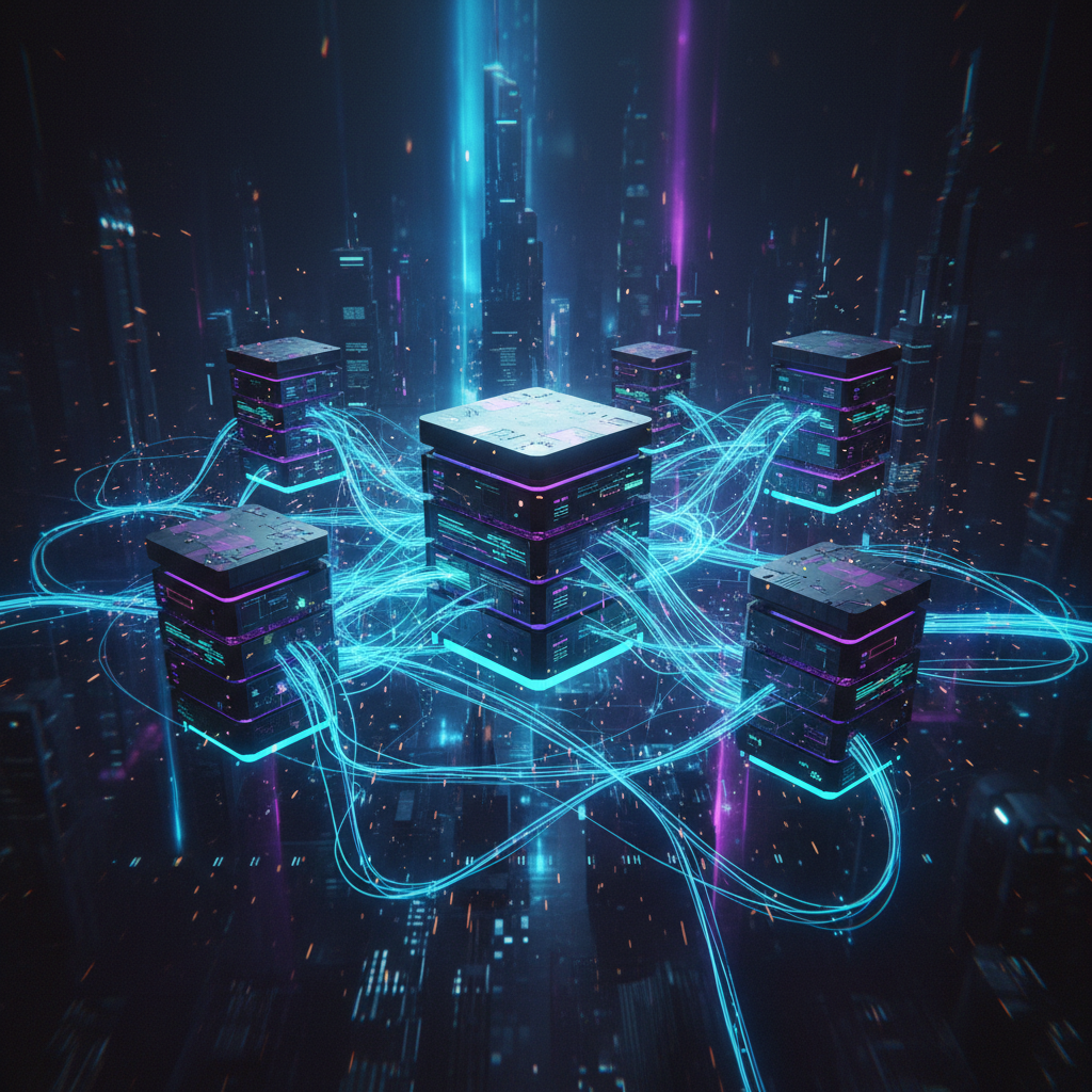 Abstract digital representation of floating database servers connected by glowing blue optical fiber lines, symbolizing data relationships, cyperpunk style