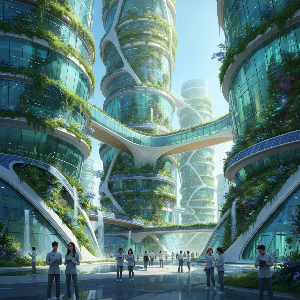 A futuristic, clean, green university campus concept art, solar glass, vertical gardens, students walking, bright utopian style