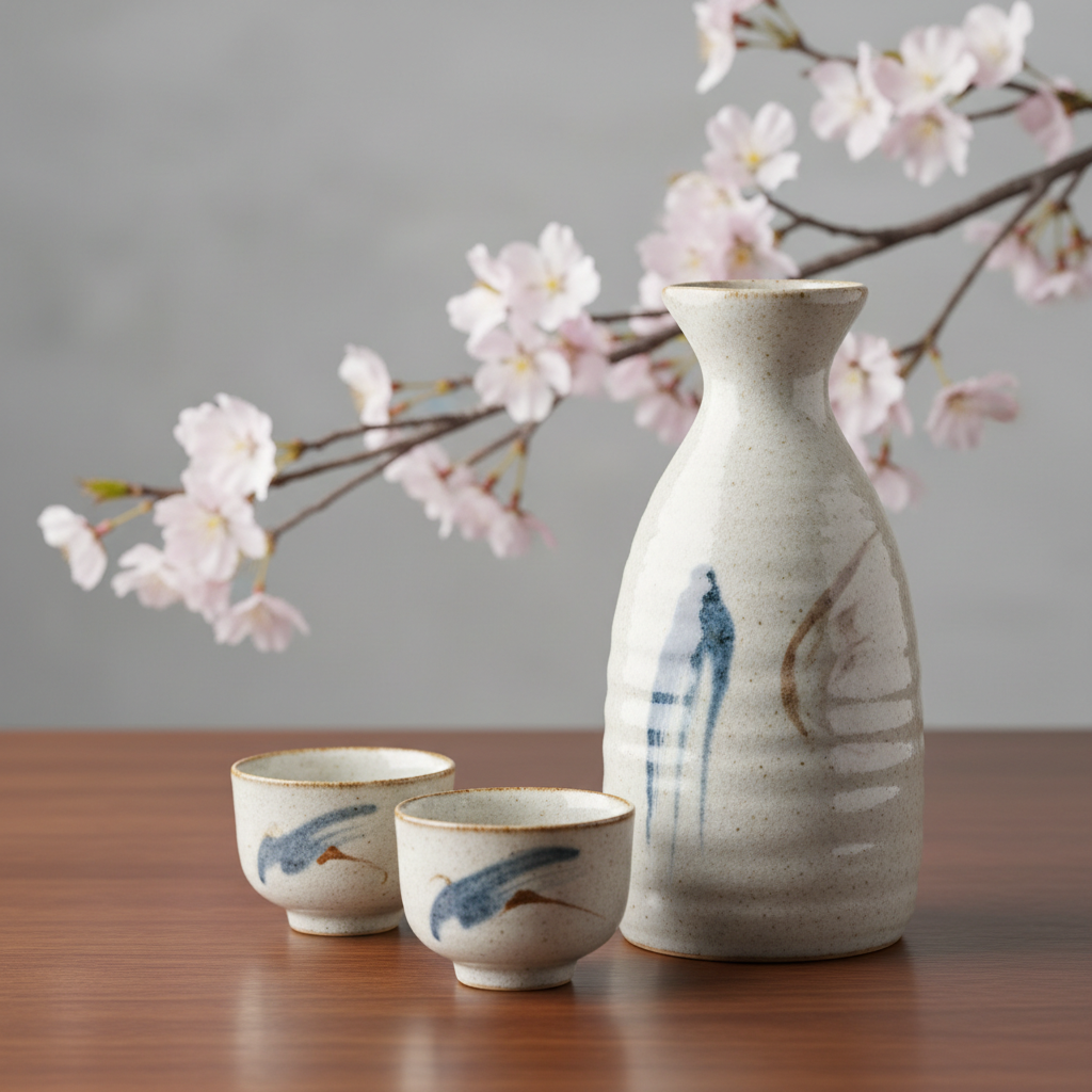 Traditional Japanese sake set, ceramic bottle and cups, cherry blossom branch in background, minimalist aesthetic