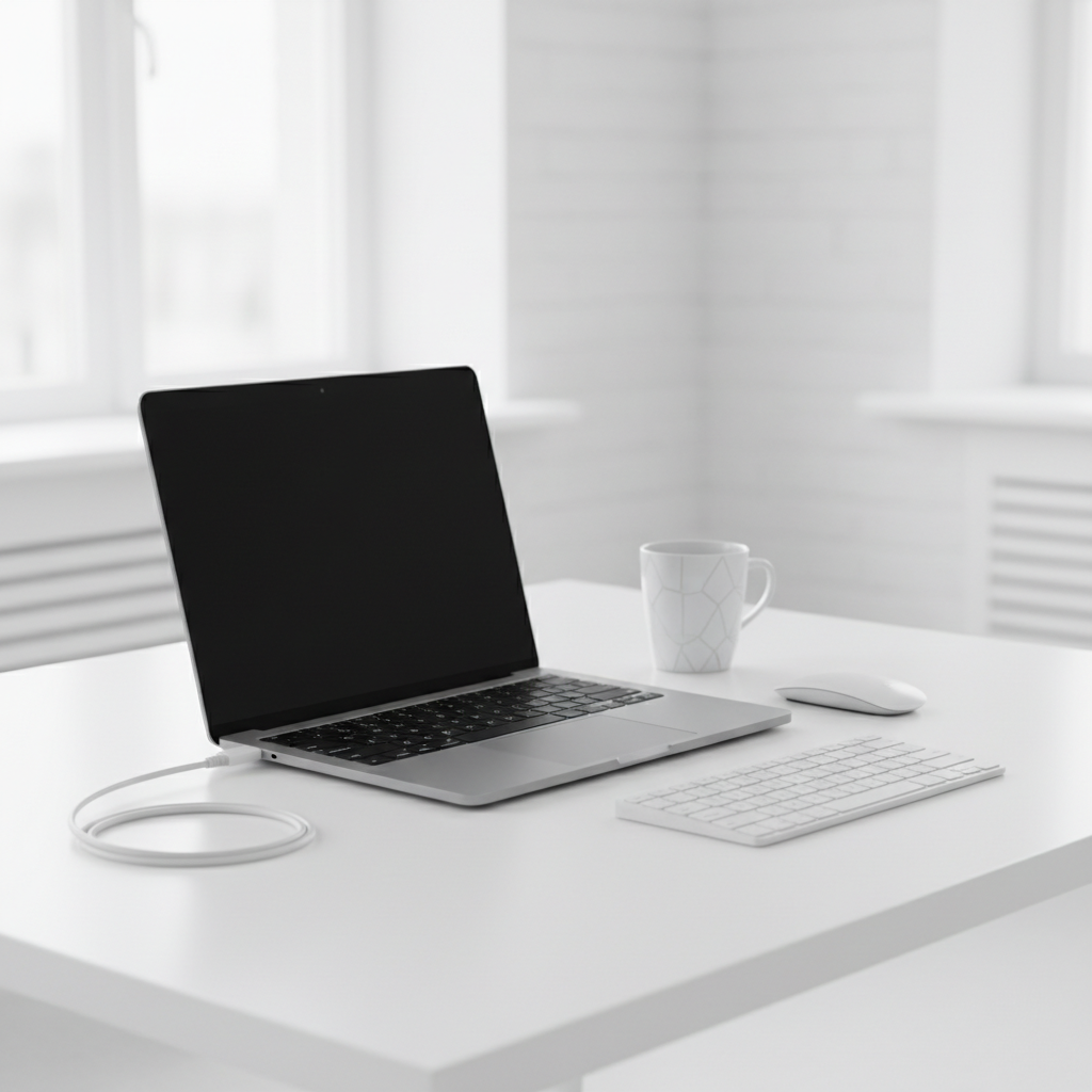 A modern laptop on a clean white desk, symbolizing remote learning and provided equipment, minimalist style