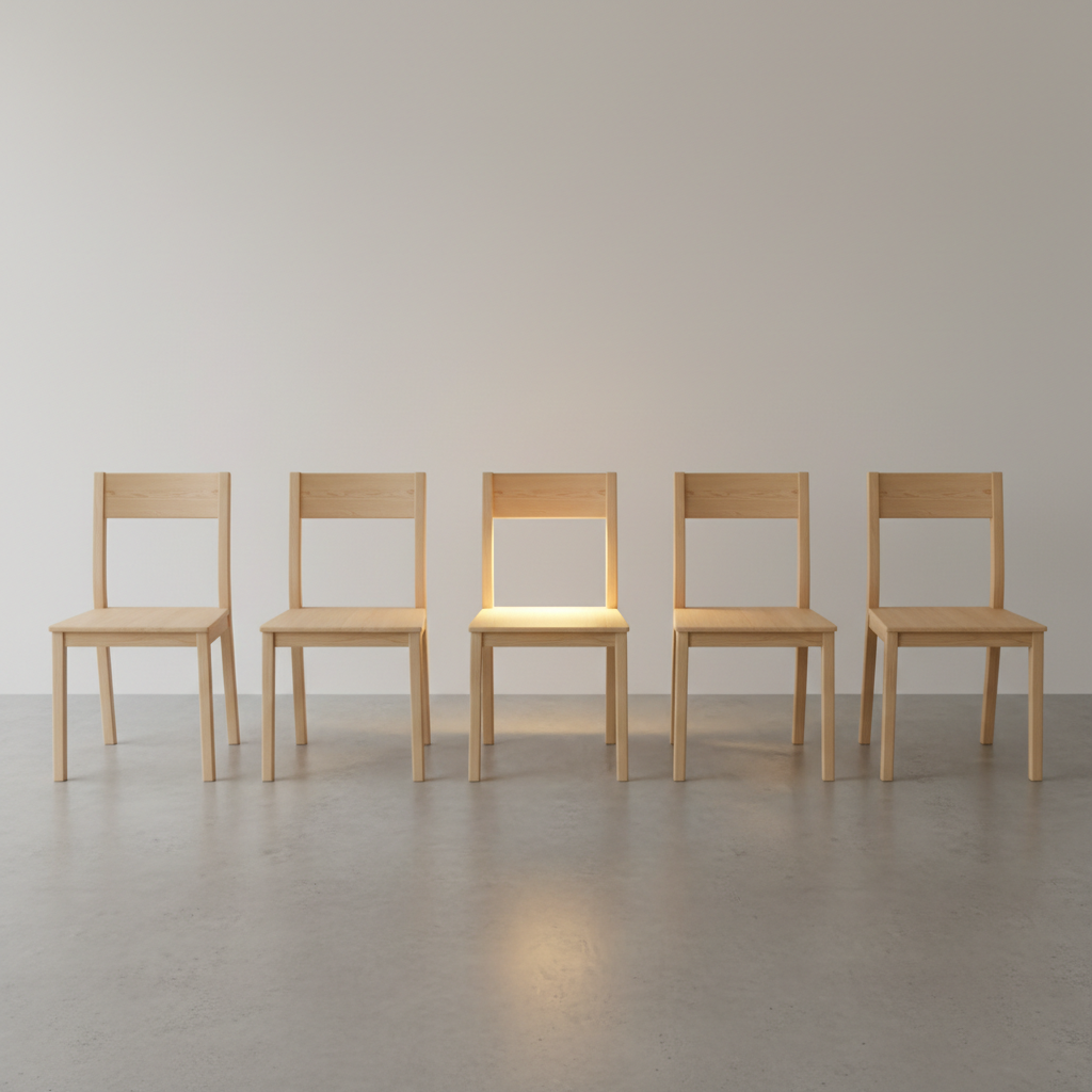 Minimalist composition showing a single row of identical wooden chairs, but one chair is glowing gold while others are plain wood, representing specificity.