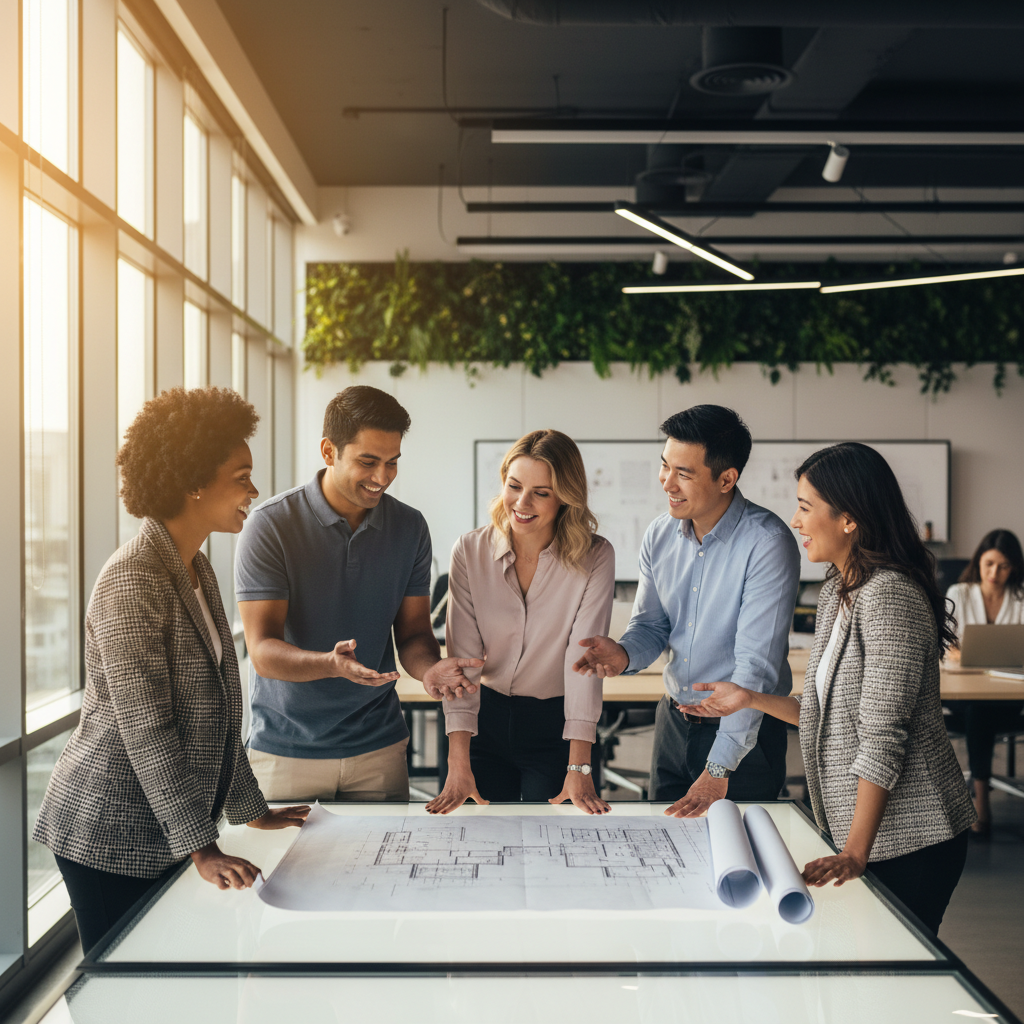 professional diverse team meeting in a modern office, reviewing blueprints, confident smiles, business casual, warm lighting