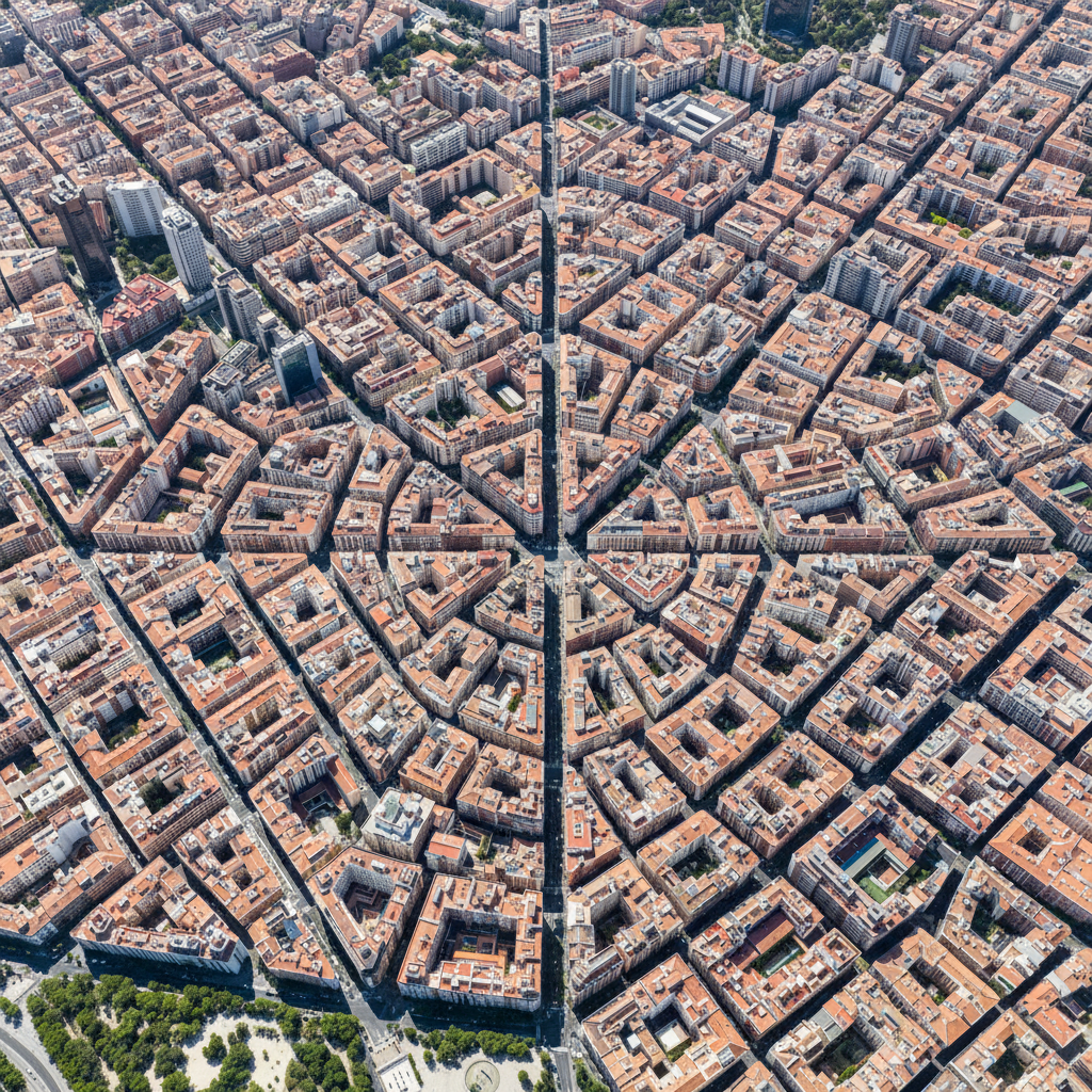 Aerial view of Madrid city layout showing geometric street patterns and density, sunny day, high contrast, architectural photography