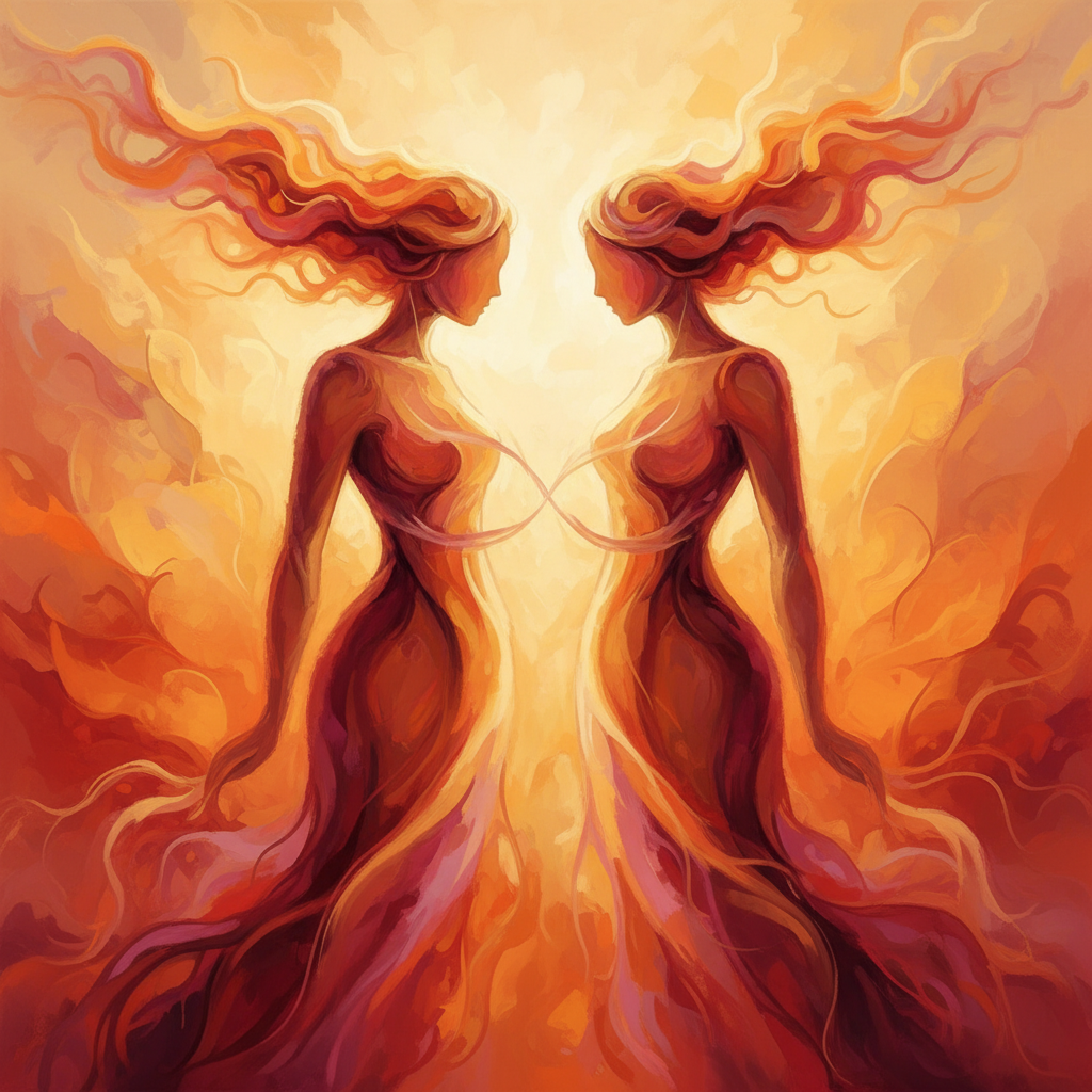 two abstract figures standing close but respecting space, connection, empathy, warm colors, art style