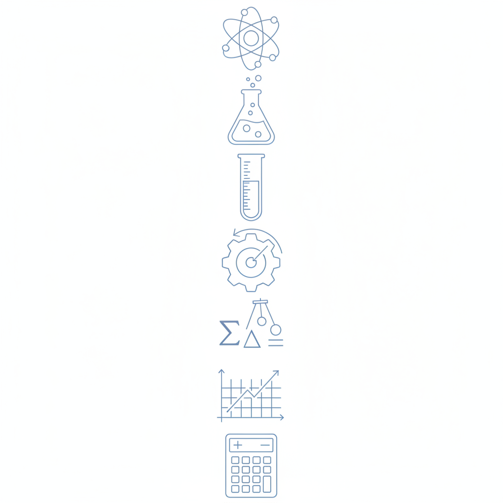 minimalist educational icon set related to physics and chemistry calculations, white background, soft blue lines, high quality