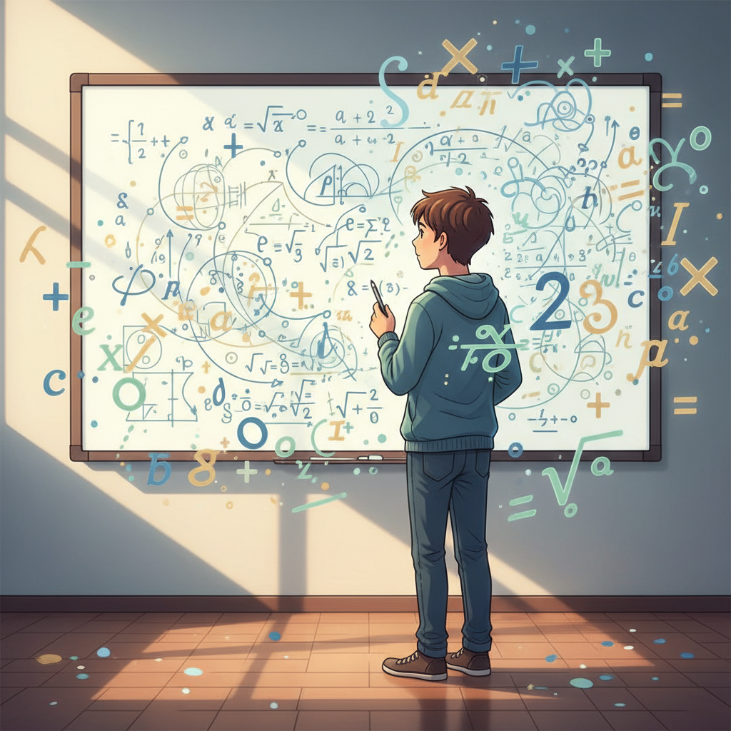 An illustration of a student looking at a complex math problem on a whiteboard with a thoughtful expression, symbols of algebra and arithmetic floating around, soft lighting
