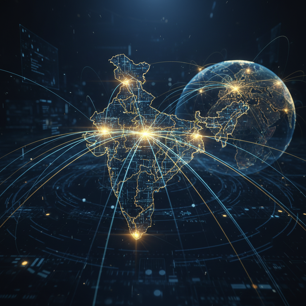futuristic digital map of India with glowing connection nodes and shipping lines connecting to the globe, dark blue and gold theme, cinematic lighting, 8k