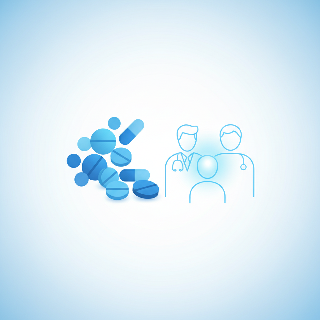 Medical concept of treatment, pills or doctor consultation, clean minimalism, blue and white colors