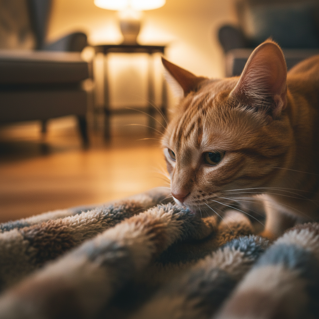 Close up photo of a cat smelling a dog's blanket, shallow depth of field, warm indoor lighting, realistic texture