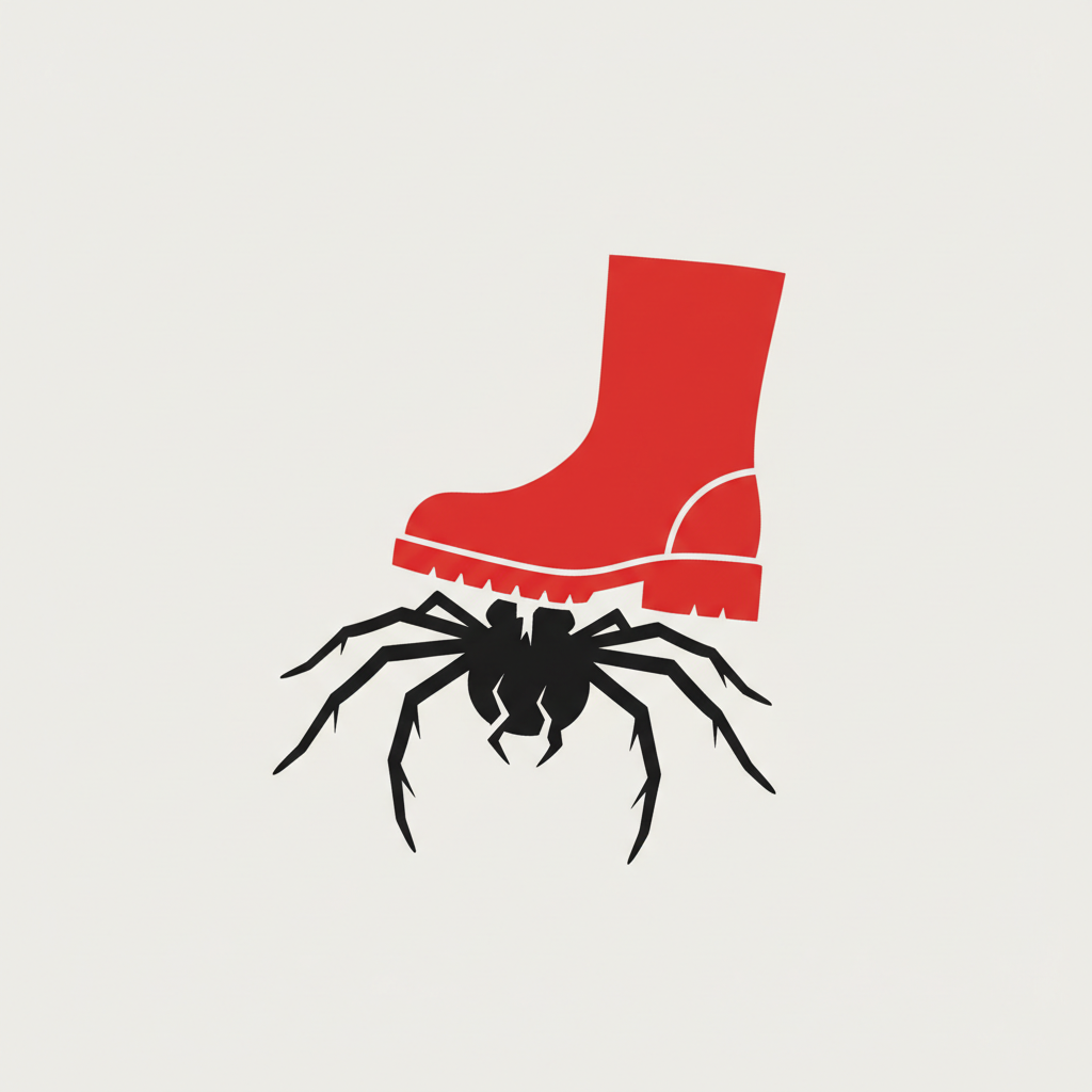 Minimalist poster design, black silhouette of a spider being crushed by a red boot, representing fear being conquered, bold graphic style