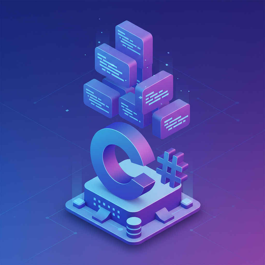 3D isometric illustration of software development stack, C# logo concept, database server, code blocks, clean minimal tech style, blue and purple lighting