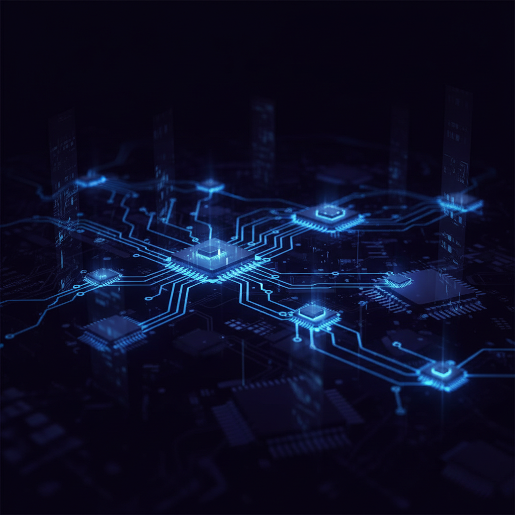 abstract server connectivity nodes and lines, dark tech background, vibrant blue connections