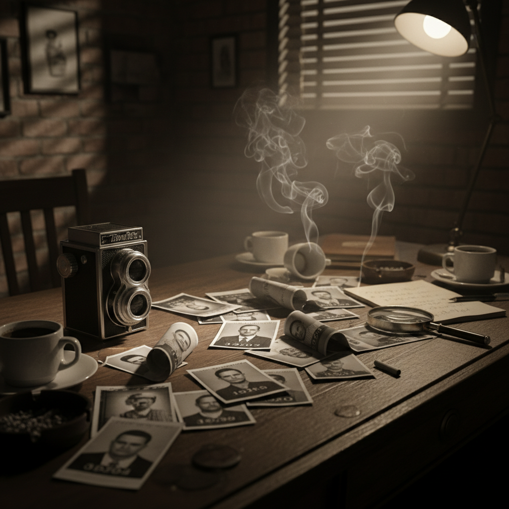 A vintage camera and scattered black and white mugshots on a detective desk, moody lighting, smoke
