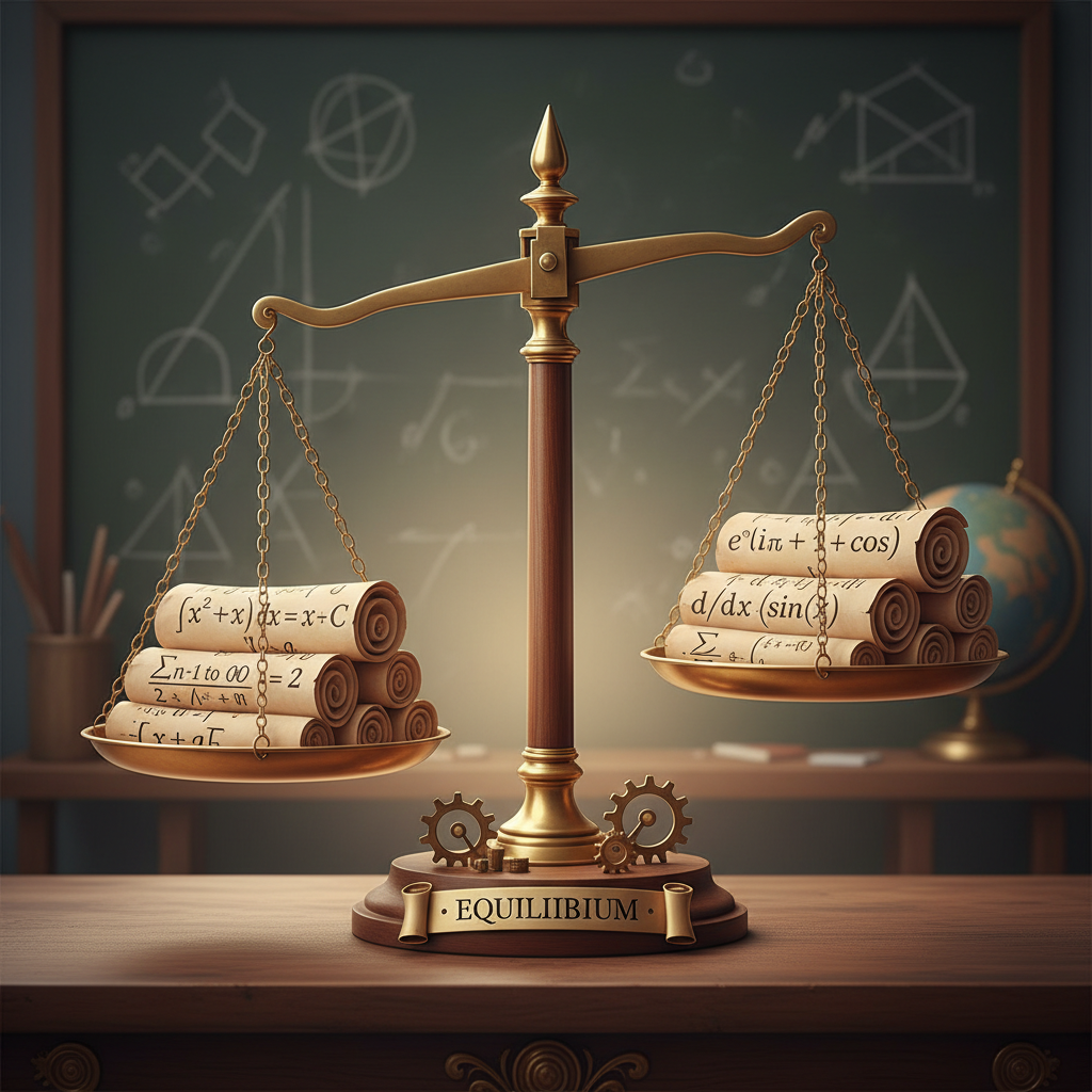 vintage balance scale balancing perfectly with math equations on each side, educational illustration