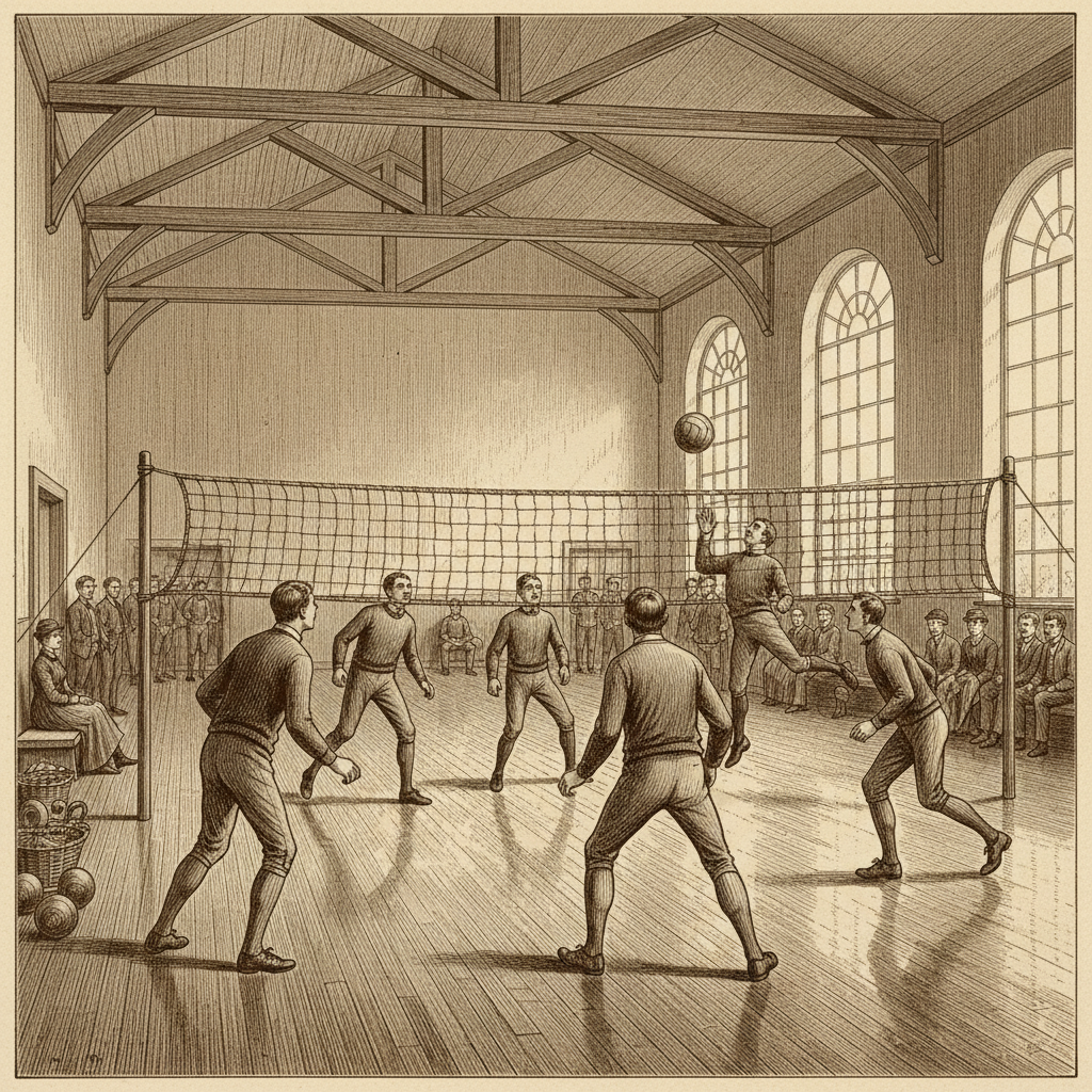 vintage style illustration of a gymnasium in 1895, early volleyball game sepia tone, people in retro sportswear