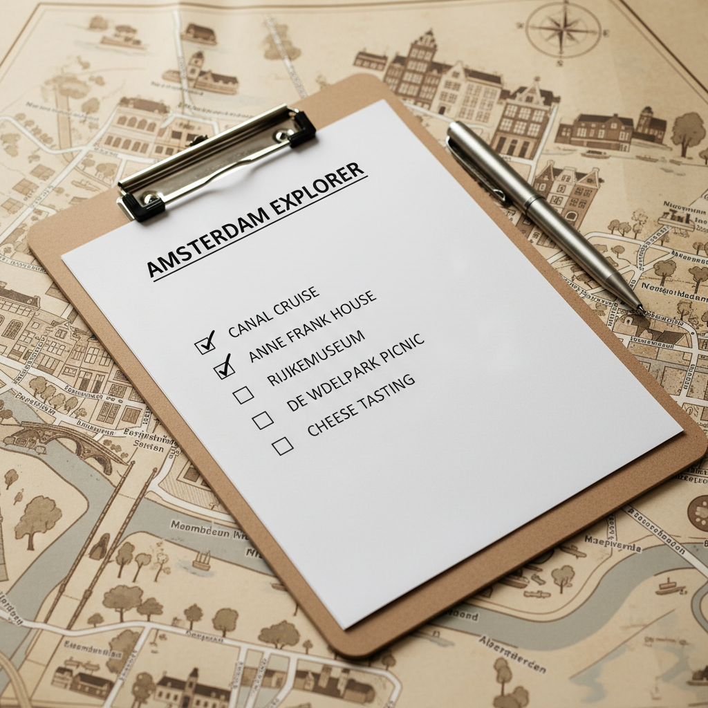 Checklist on a clipboard lying on a map of Amsterdam, realistic photography style