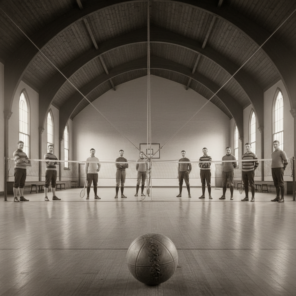 Sepia toned image of an old gymnasium in 1895, vintage leather ball, tennis net hung high, group of men in vintage sportswear, historical atmosphere
