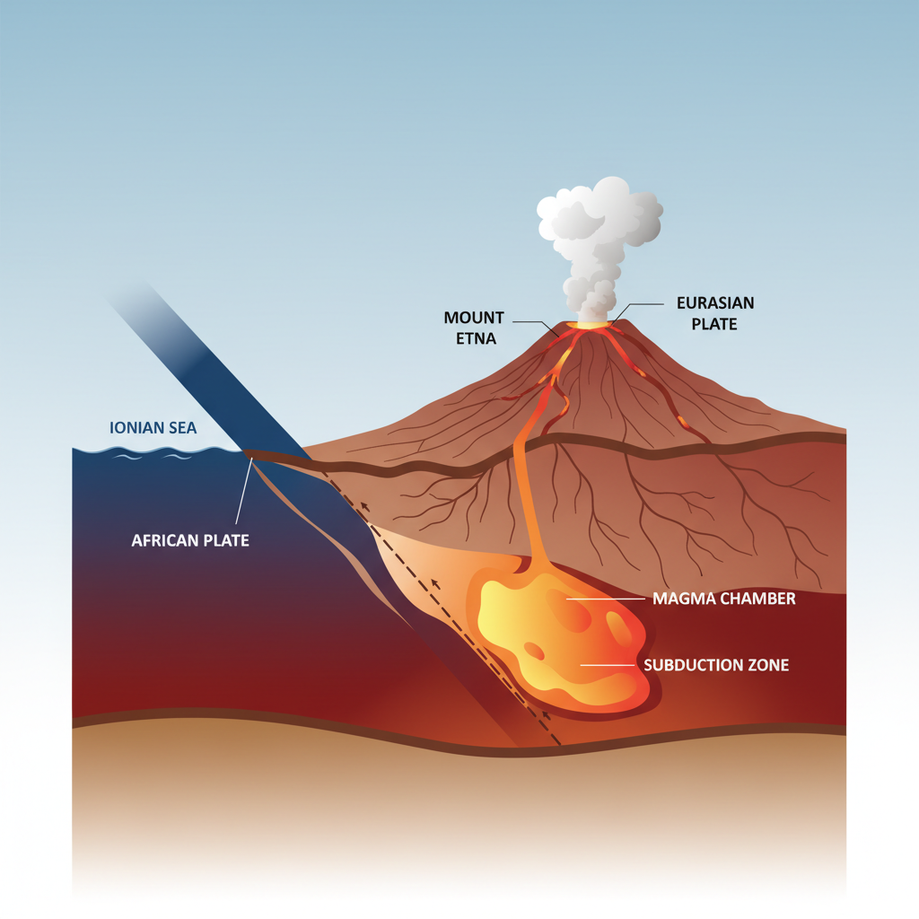 Schematic diagram of the tectonic plate subduction beneath Sicily and Mount Etna, geological cross section style