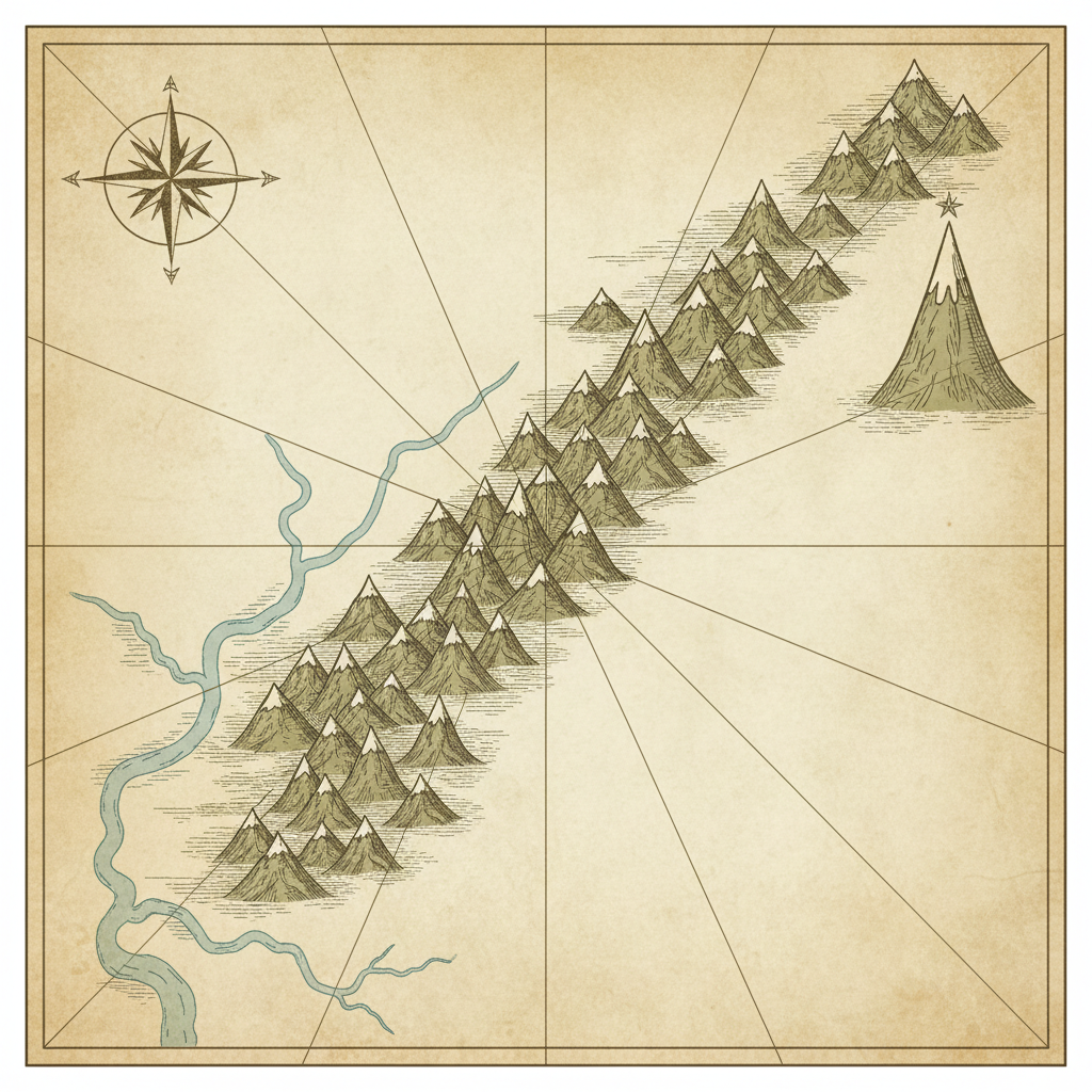 Simplistic vintage style map showing a mountain range, a river, and a single mountain peak, styled like an atlas.
