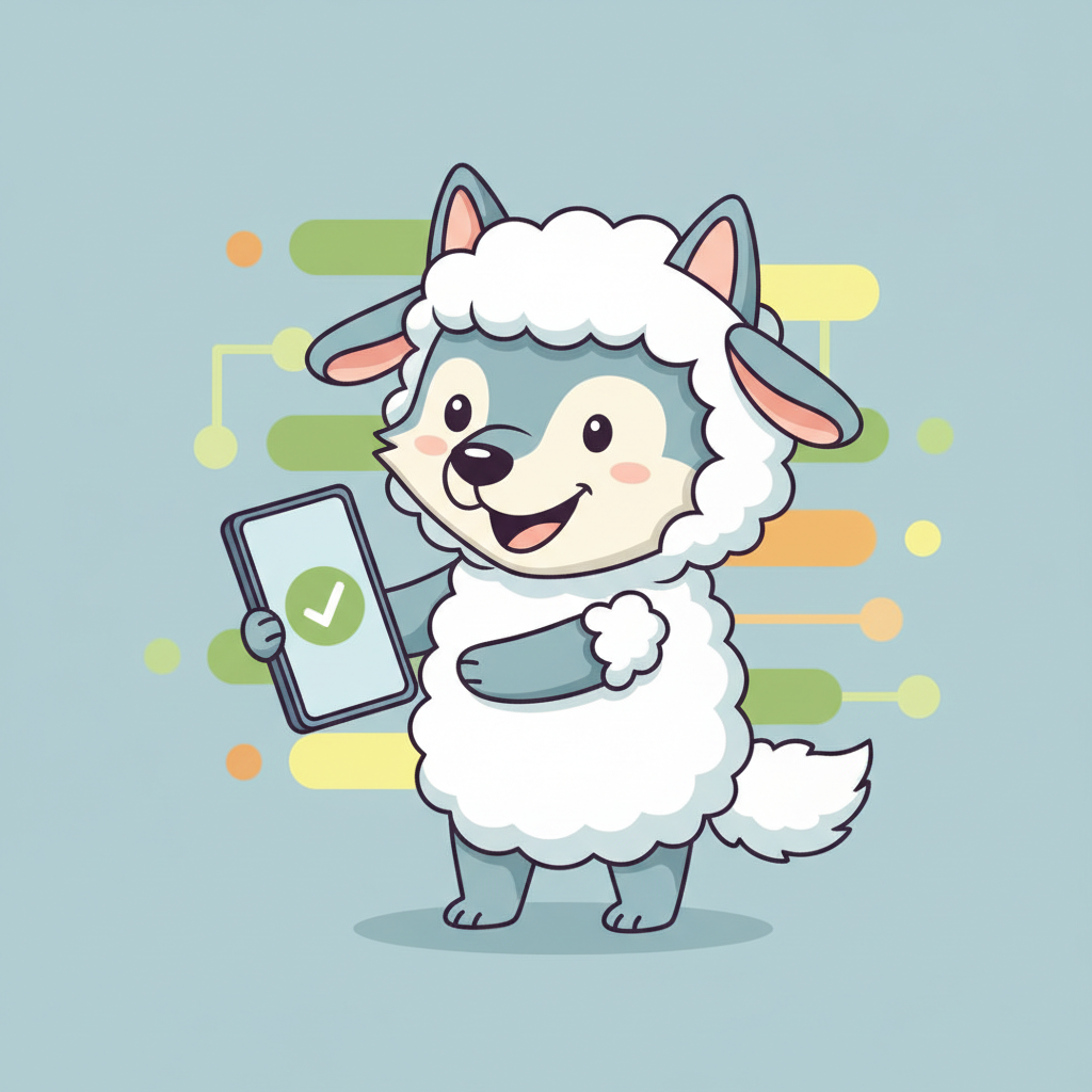 A cute cartoon wolf wearing sheep clothing holding a smartphone, vector art, flat design, educational style