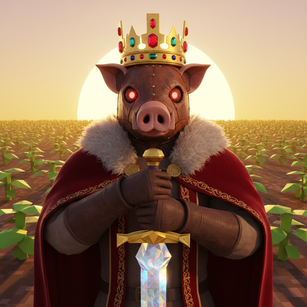 A heroic portrait of a character with a pig mask wearing a royal red velvet robe and a jeweled gold crown, holding a diamond sword. The background is a blocky potato field under a golden sun. Digital art style.