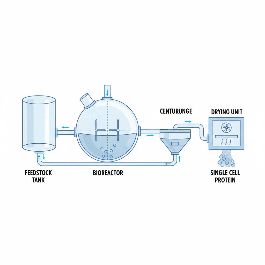 diagrammatic technical illustration of single cell protein production: feedstock tank connecting to large bioreactor, then centrifuge, then drying unit, white background